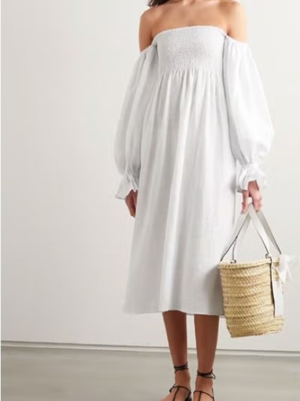 Sleeper Off-Shoulder White Midi Dress with Balloon Sleeves